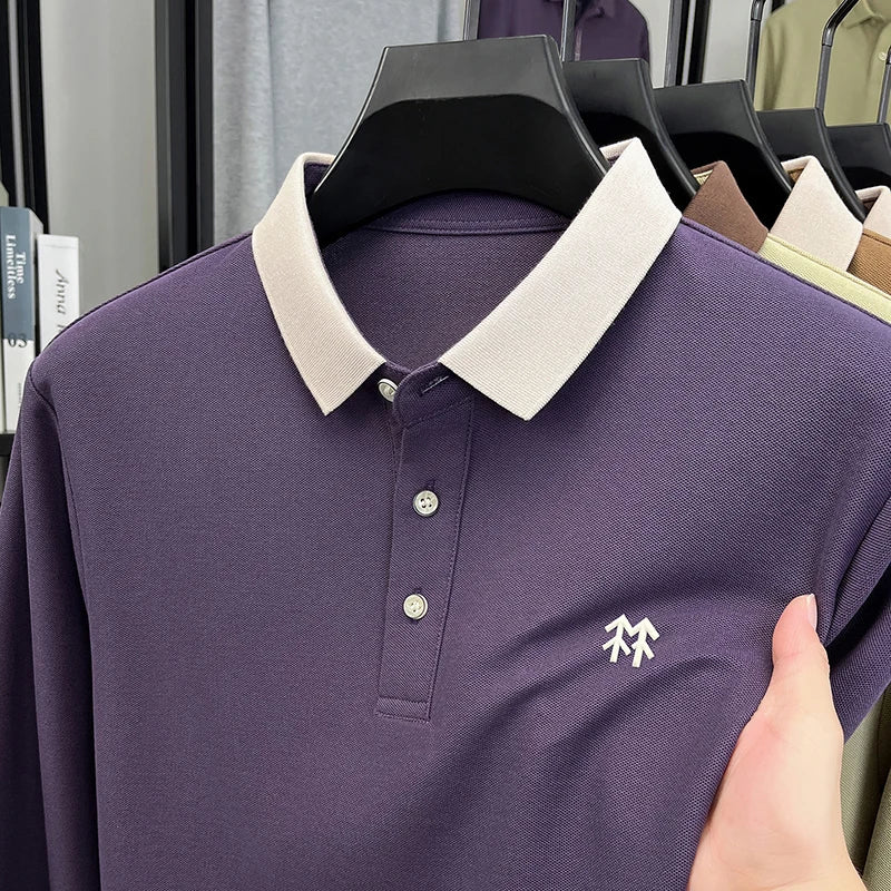 Fashion luxury brand long sleeve polo shirt men's autumn new trend badge embossed design Korean casual silk cotton lapel T-shirt
