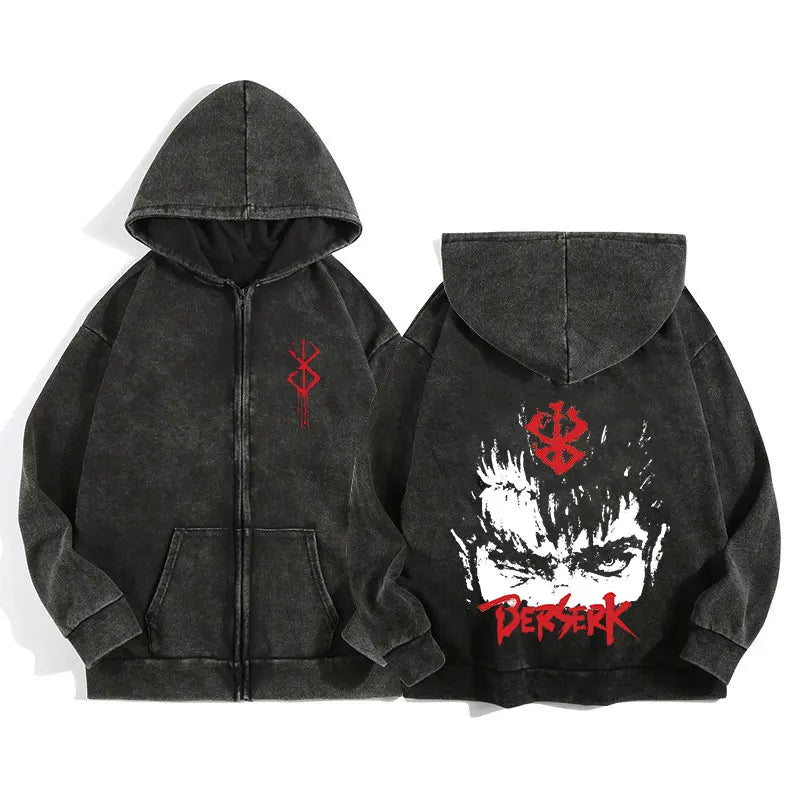 Anime Berserk Wash Zip Up Hoodie Harajuku Retro Gothic Graphic Jacket Hooded Sweatshirt Cotton Hip Hop Men Women Hoody Coat