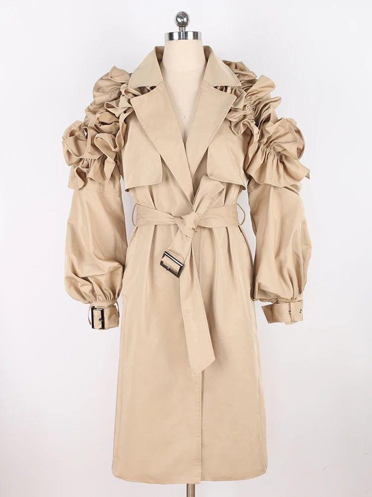 Nerazzurri Spring Autumn Runway Ruffled Khaki Long Trench Coat for Women Belt Elegant Chic Modest Luxury Designer Clothes 2024