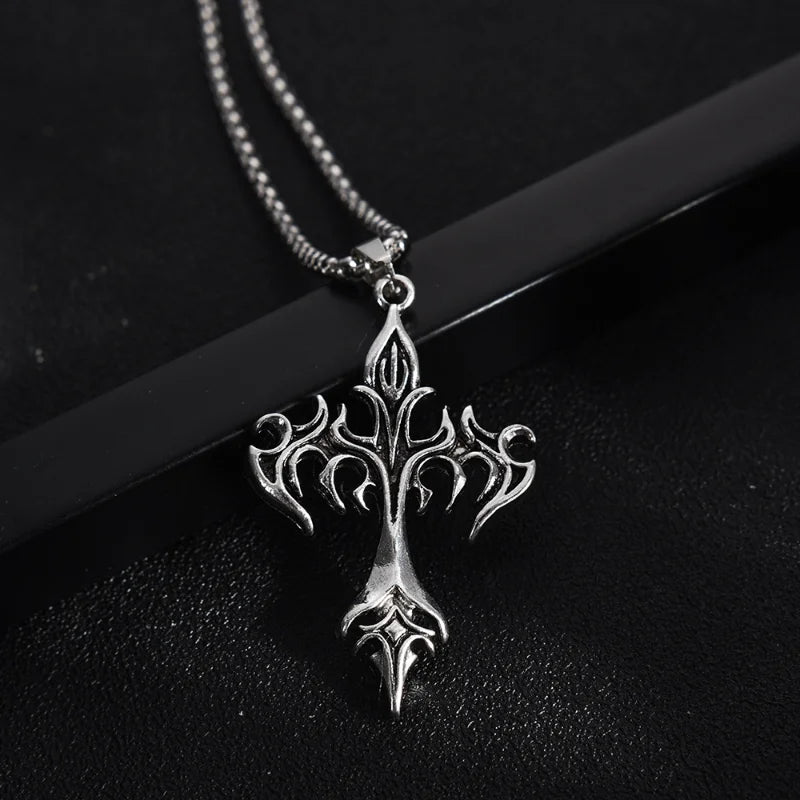 Gothic Vintage Flame Cross Pendant Necklace Harajuku Chain Choker Collar Grunge Egirl Goblincore Women Men Accessories Jewelry