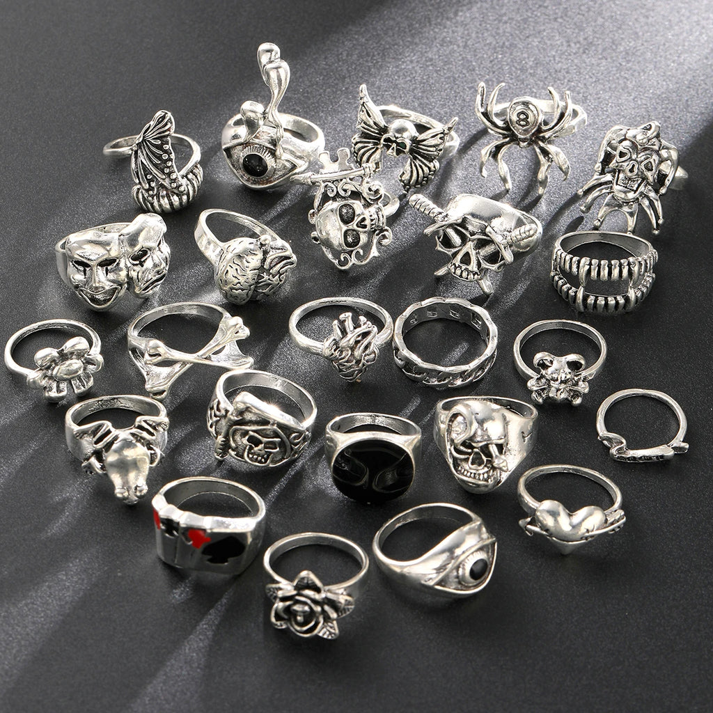 24 Pcs Gothic Skeleton Unisex Ring Set Punk Grunge Butterfly Frog Woman Man Jewelry Hip Hop Party Street Ring Accessories Gift