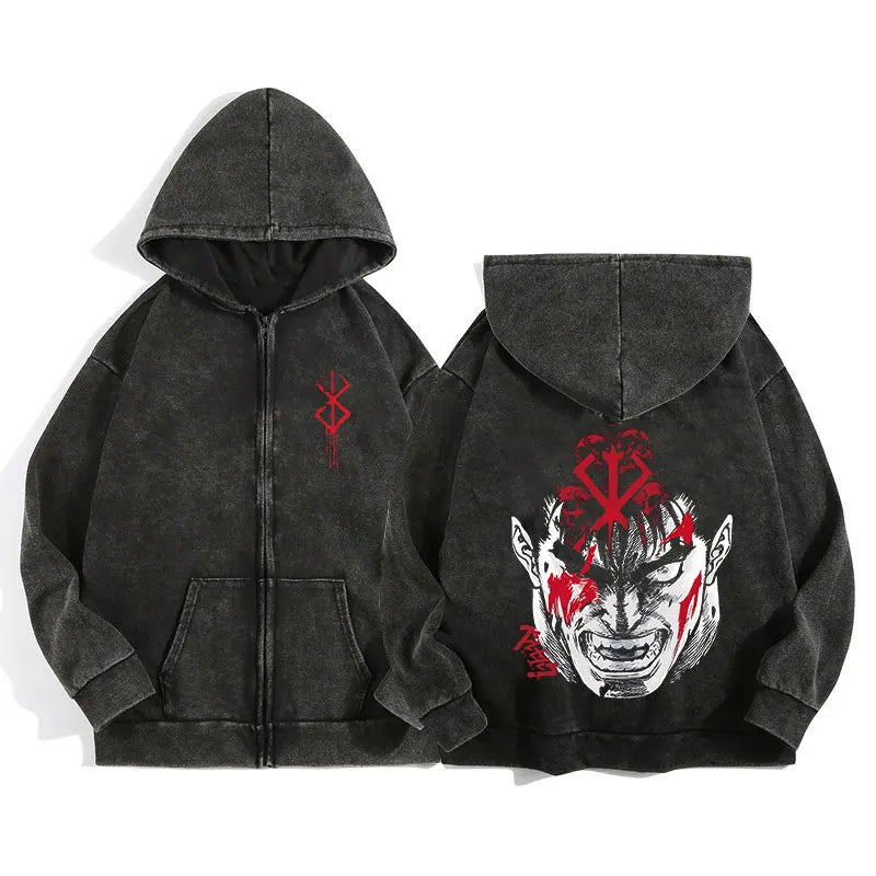 Anime Berserk Wash Zip Up Hoodie Harajuku Retro Gothic Graphic Jacket Hooded Sweatshirt Cotton Hip Hop Men Women Hoody Coat