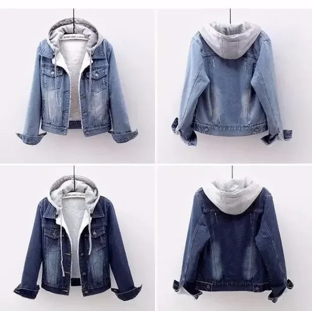 Women Denim Coat Hooded Single Breasted Button Jackets Hooded Patchwork Outerwear Cardigan Solid Pockets Streetwear Warm