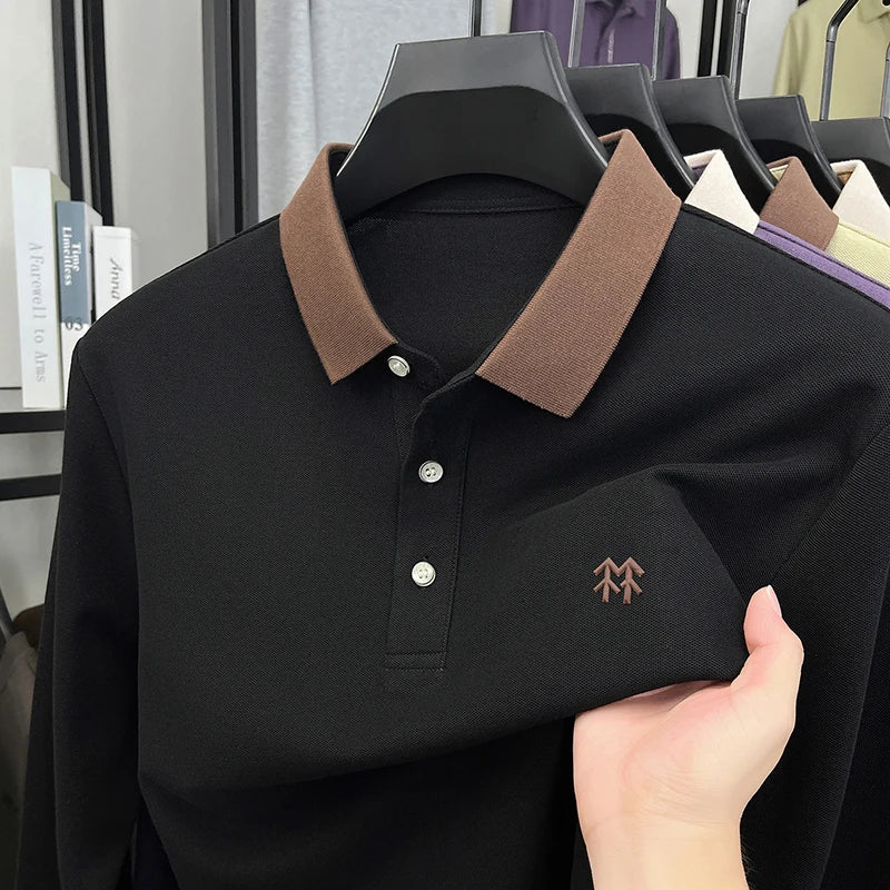 Fashion luxury brand long sleeve polo shirt men's autumn new trend badge embossed design Korean casual silk cotton lapel T-shirt