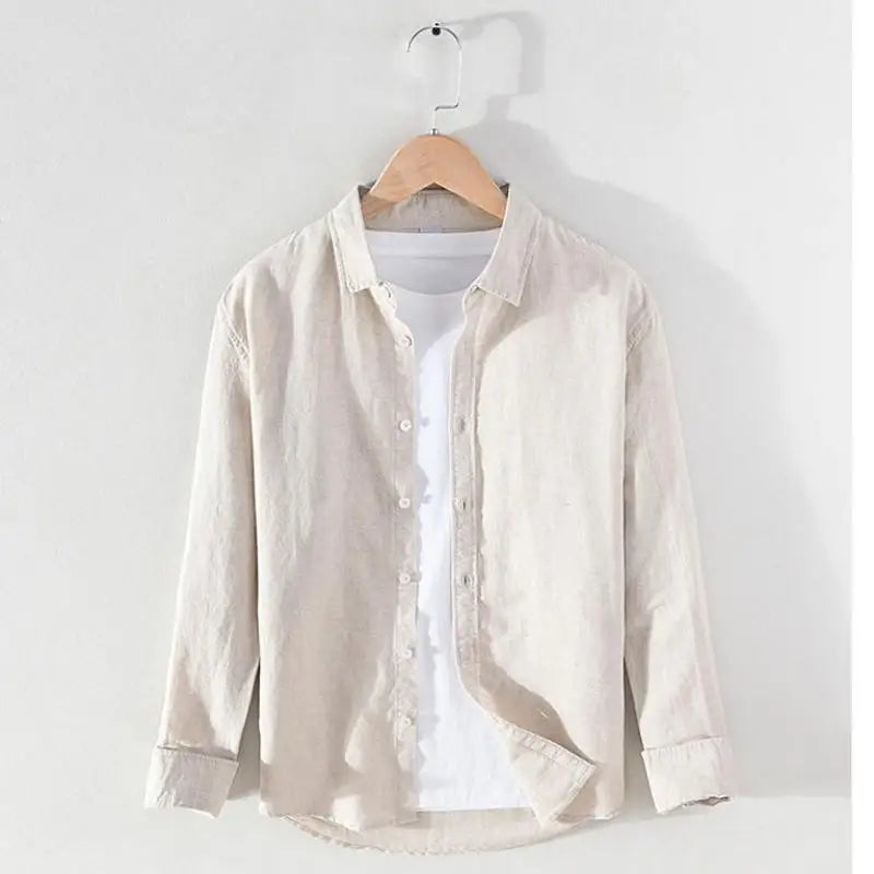 M-3XL Spring and Summer Stand Collar Plain Color Long-sleeve Vintage Men's Streetwear Single Breasted Linen Shirts