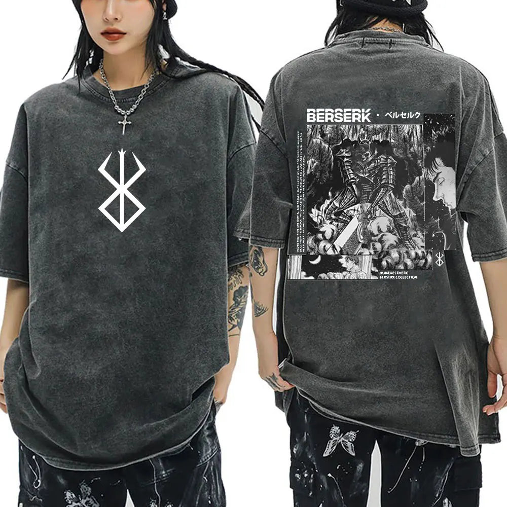 Anime Berserk Guts Vintage Washed T Shirt Manga Gatsu Griffith Zodd T-shirts Men Women Clothing Cotton Casual Oversized T-Shirt