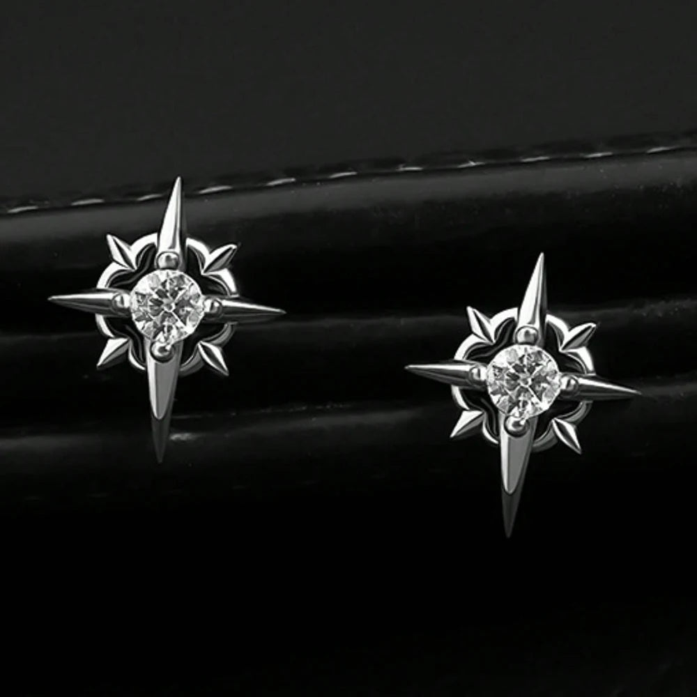 Black CZ Metal Star Earring Stud For Men Women Hip Hop Style Antique Silver Color Start Clear Crystal Couple Post Earrings