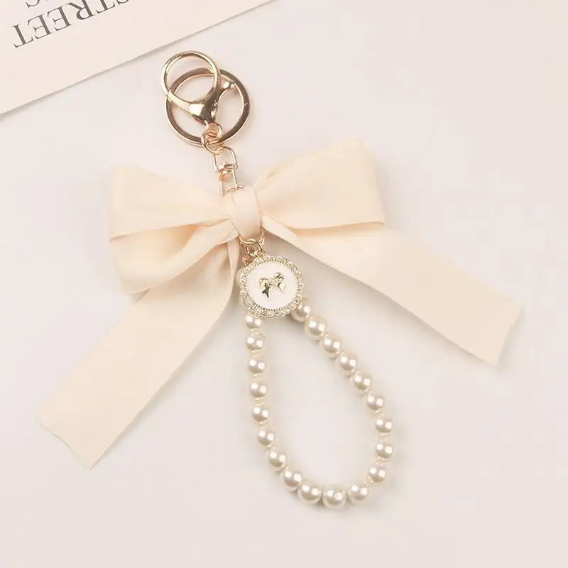 Fashion Large Bowknot Ribbon Pearl Key Chain Women's Multi-color DIY Key Pendant Hanging Ornament Sweet Bag Accessories