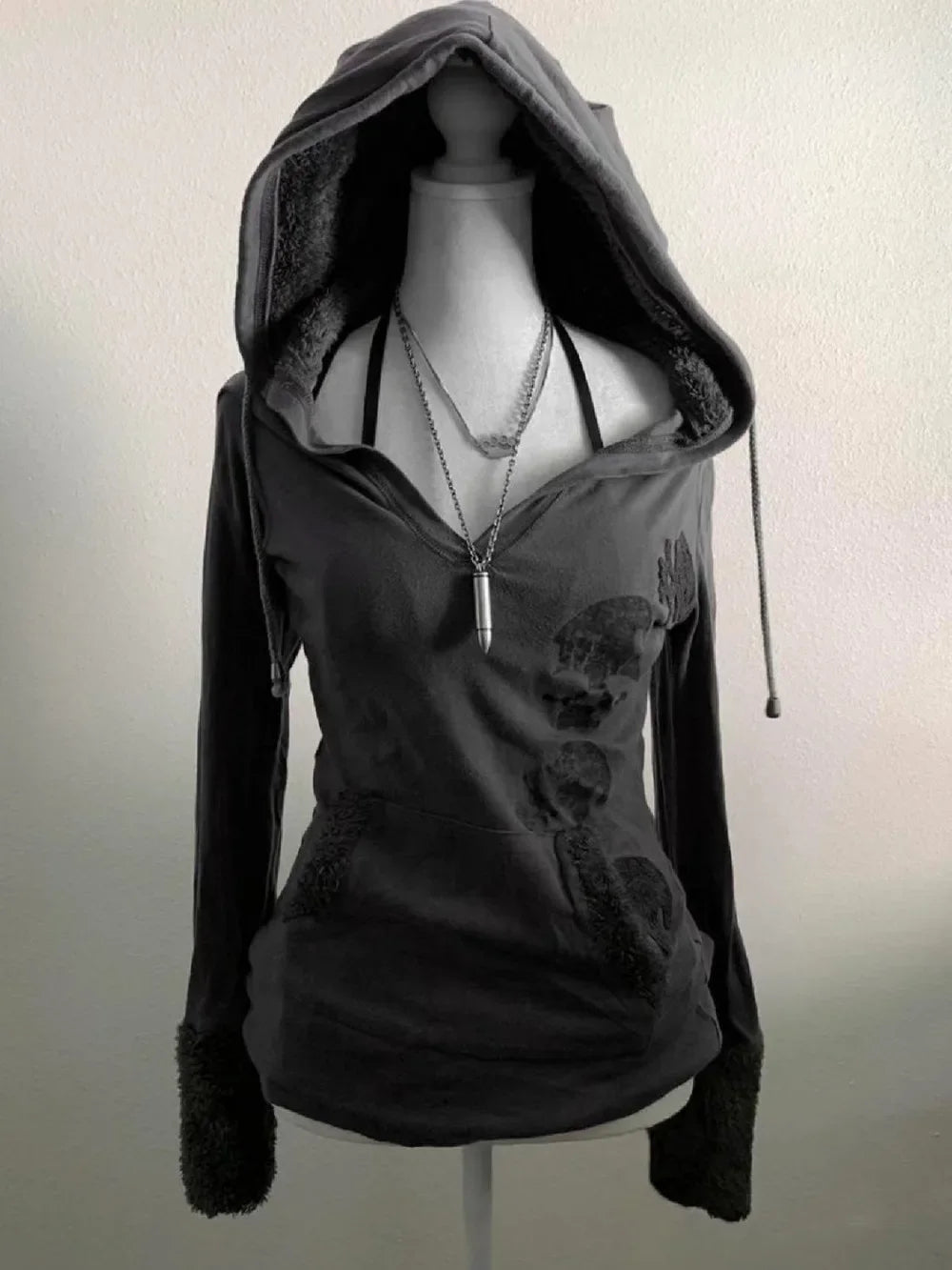 Y2K Retro Gray Pullover Lamb Wool Hooded Sweatshirt Women Clothes Harajuku Hot Girl Slim Sweatshirt Autumn Winter Goth Sexy Tops