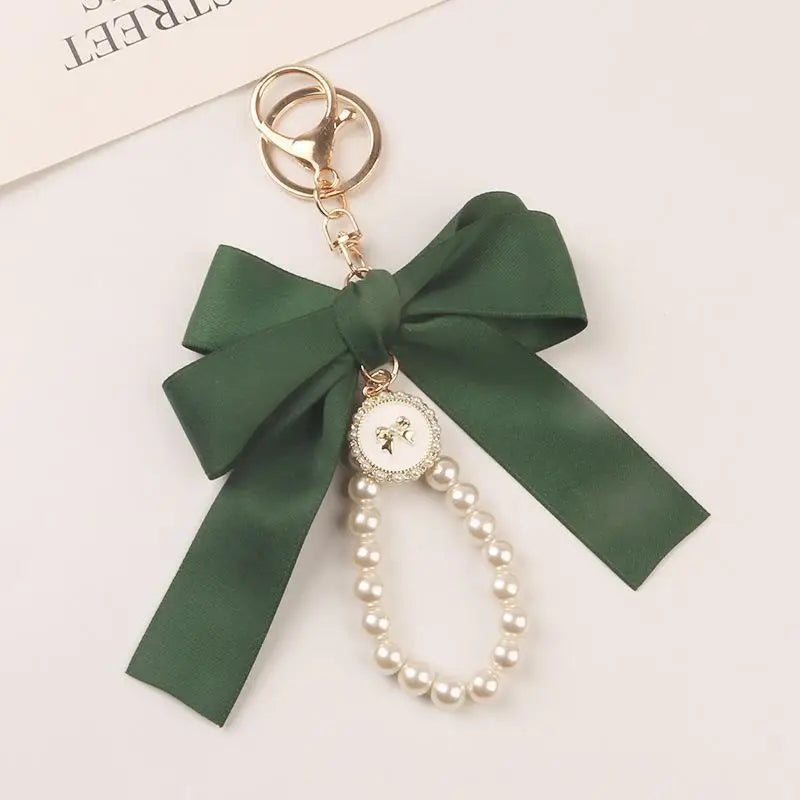 Fashion Large Bowknot Ribbon Pearl Key Chain Women's Multi-color DIY Key Pendant Hanging Ornament Sweet Bag Accessories