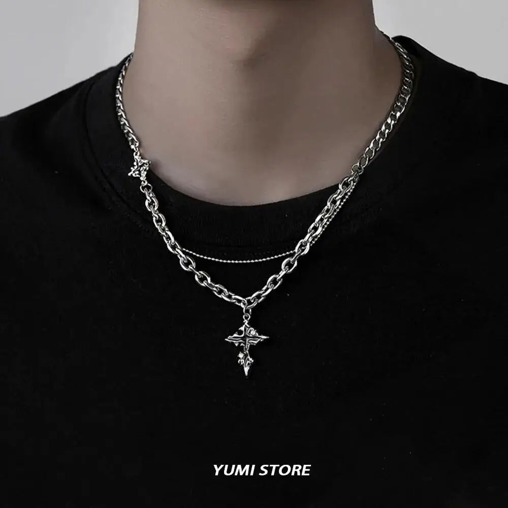 Punk Black Flame Cross Necklace For Men Women Trend Titanium Steel Chain Sweater Pendant Hip Hop Jewelry Cool Kpop Accessories