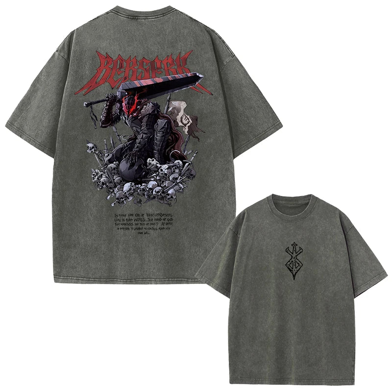 Berserk Print Vintage Acid Washed Cotton T-shirt for Men Women Casual Oversized Tshirt Tees Short Sleeve Tops Retro Streetwear