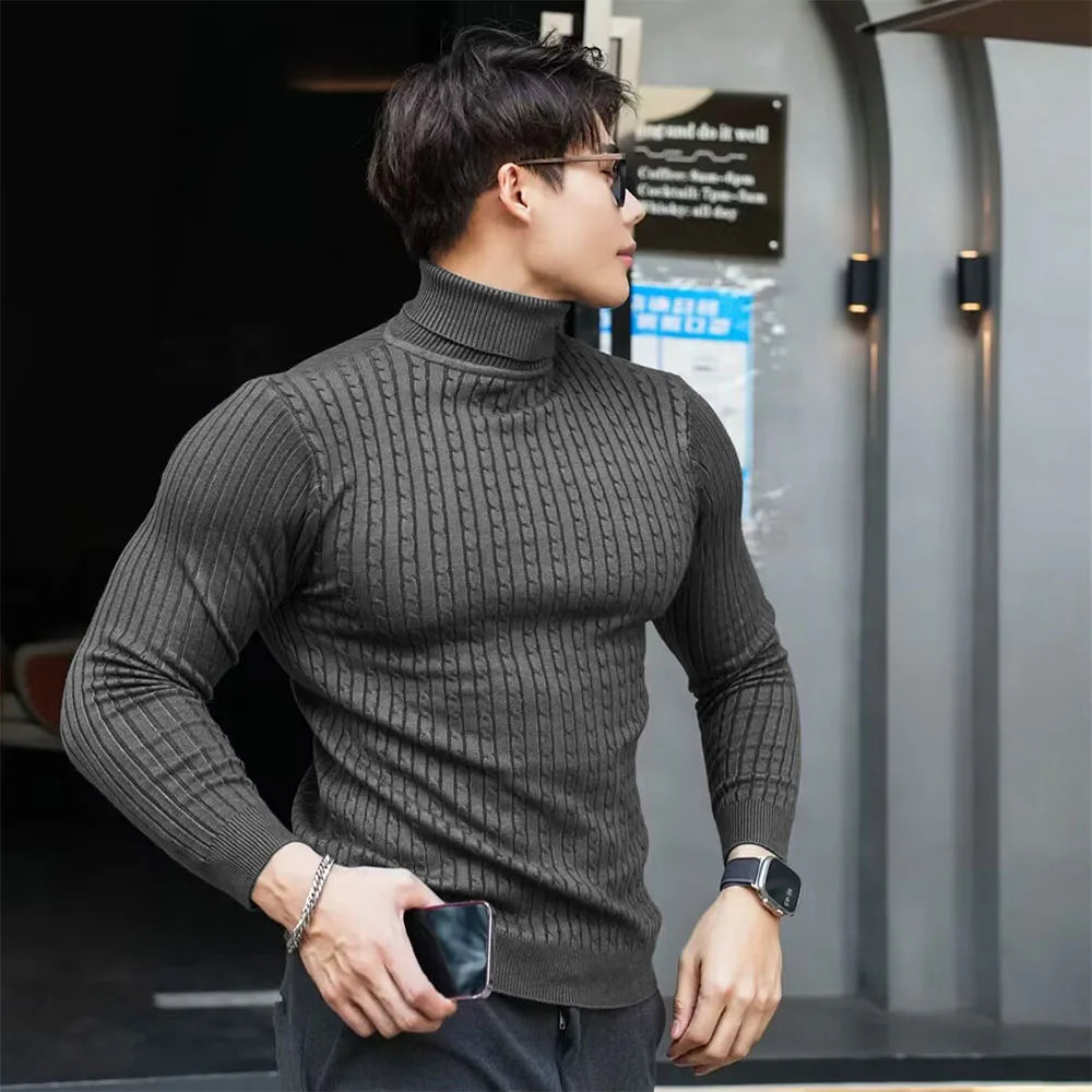 New Men's Turtleneck Sweaters Autumn Knitted Striped Streetwear Warm Long Sleeved Pullover Solid Color Basic Style Casual Tops