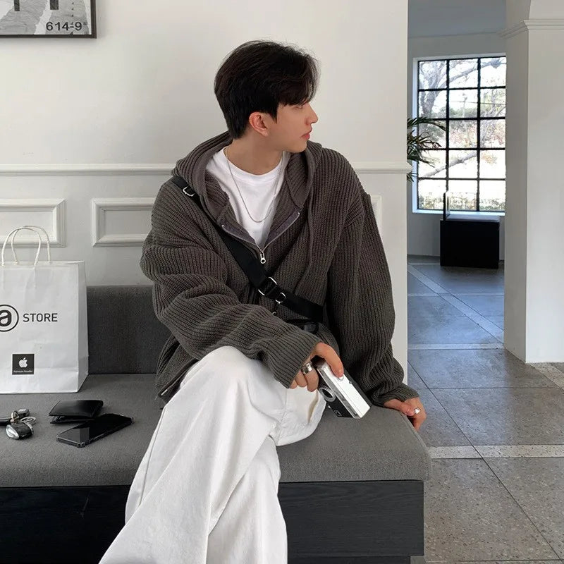 Winter Clothing Men's Light Luxury Knit Hooded Cardigan Sweater Korean Vintage Popular Zipper Long Sleeve Loose Hoodie Knitwear