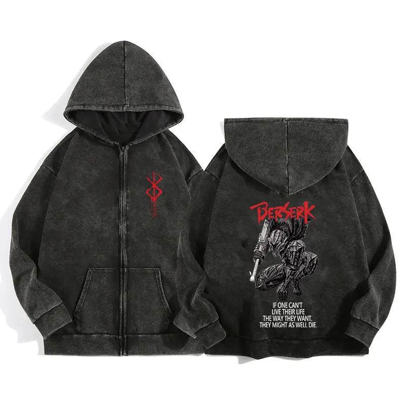 Anime Berserk Wash Zip Up Hoodie Harajuku Retro Gothic Graphic Jacket Hooded Sweatshirt Cotton Hip Hop Men Women Hoody Coat