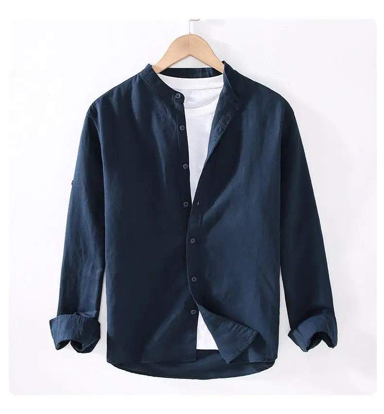 M-3XL Spring and Summer Stand Collar Plain Color Long-sleeve Vintage Men's Streetwear Single Breasted Linen Shirts