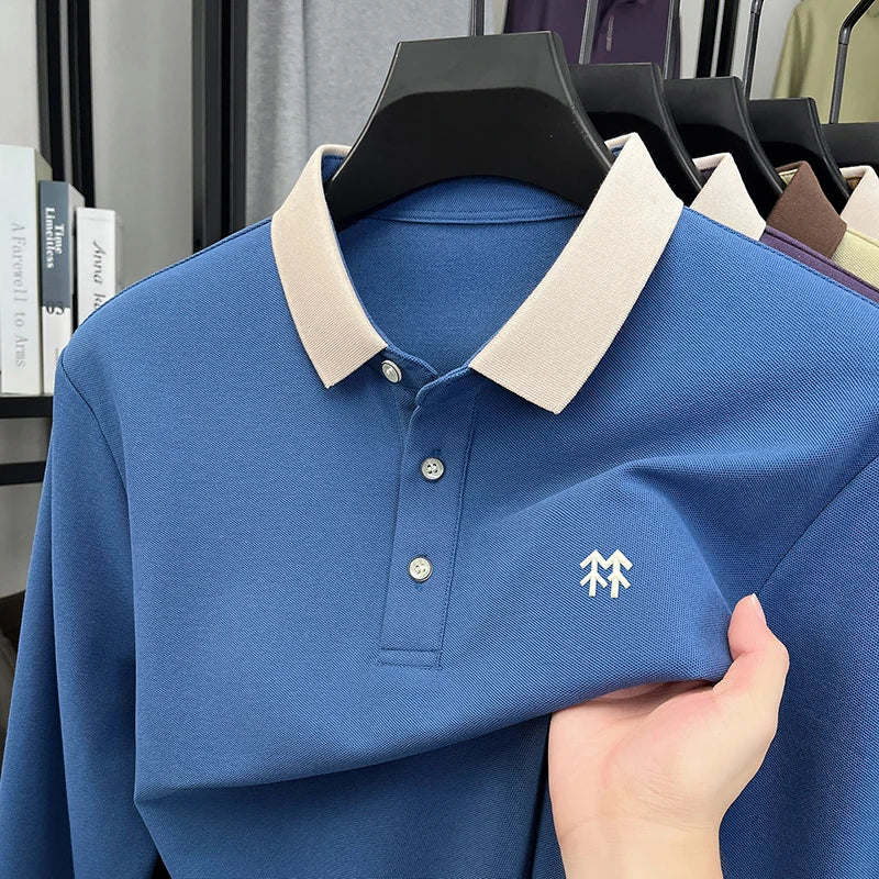 Fashion luxury brand long sleeve polo shirt men's autumn new trend badge embossed design Korean casual silk cotton lapel T-shirt