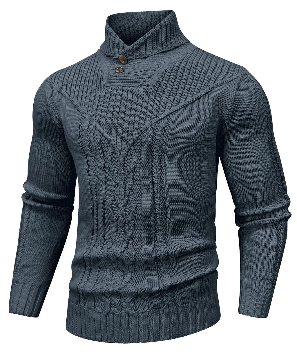 Men's Sweater Winter Shawl Collar Pullover Sweater Casual Cable Knit Button Sweaters Woolen Solid Color  Fleece Tops US Size