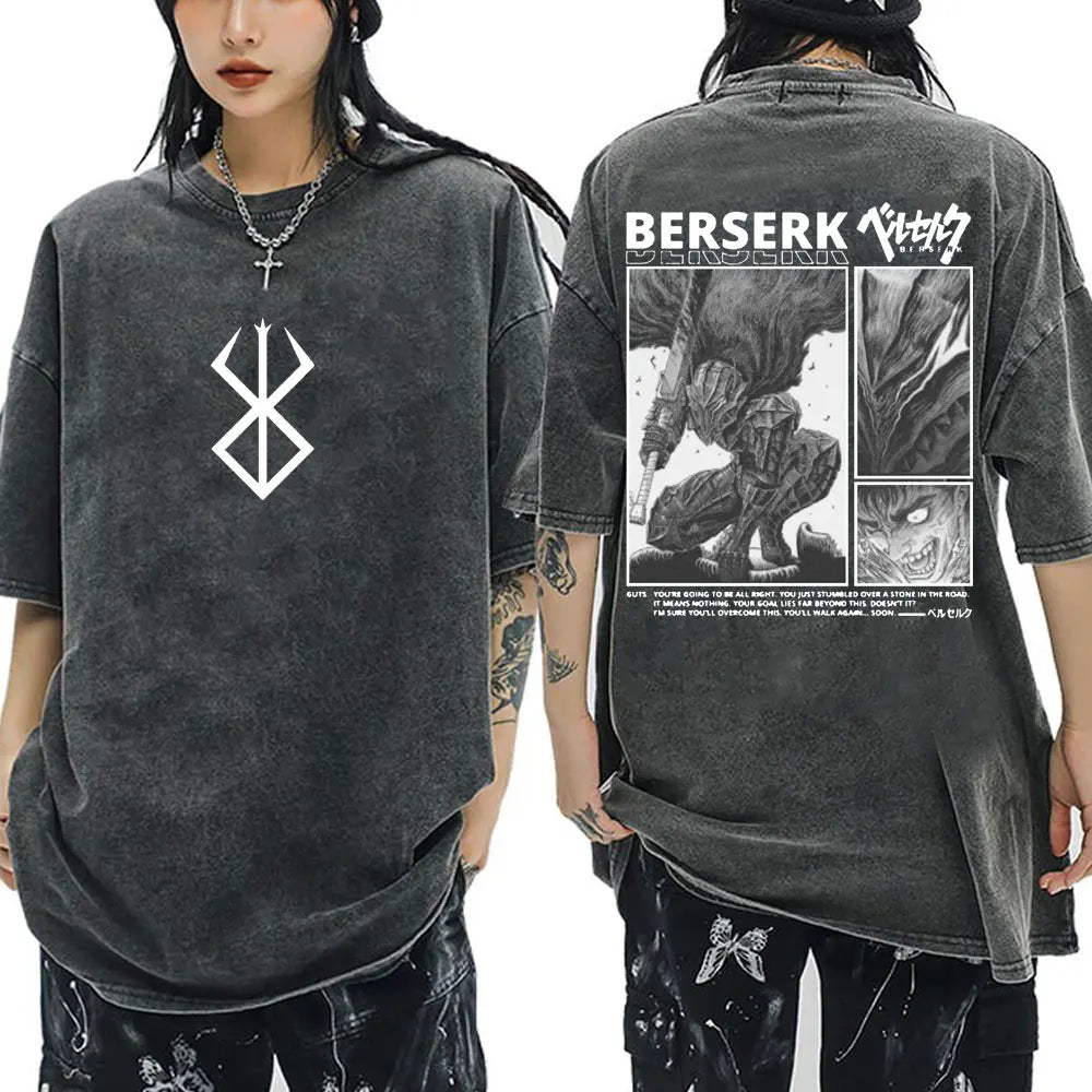 Anime Berserk Guts Vintage Washed T Shirt Manga Gatsu Griffith Zodd T-shirts Men Women Clothing Cotton Casual Oversized T-Shirt