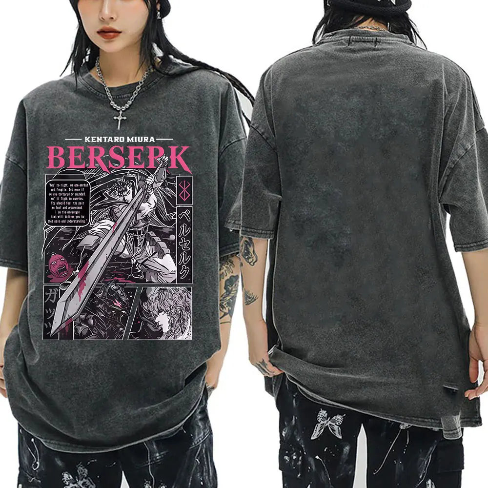 Anime Berserk Guts Vintage Washed T Shirt Manga Gatsu Griffith Zodd T-shirts Men Women Clothing Cotton Casual Oversized T-Shirt