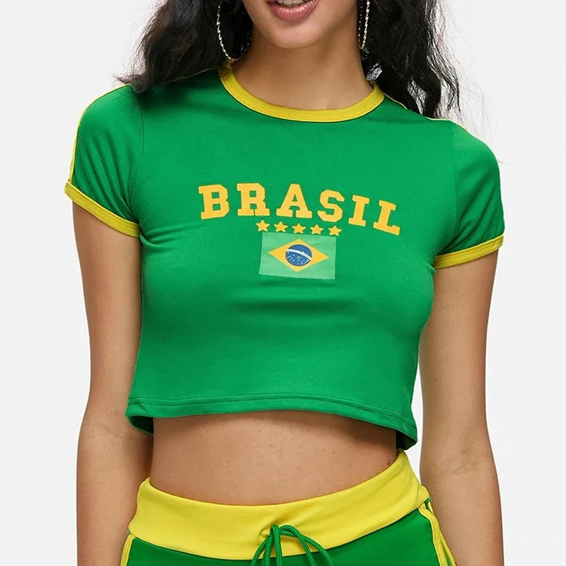 Y2k Five-star Brazil Crop Top Summer Women Aesthetics Baby Tees Gothic Emo Girl Vintage Letter Print Casual Short Sleeve T-shirt