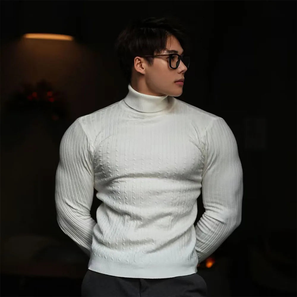 New Men's Turtleneck Sweaters Autumn Knitted Striped Streetwear Warm Long Sleeved Pullover Solid Color Basic Style Casual Tops