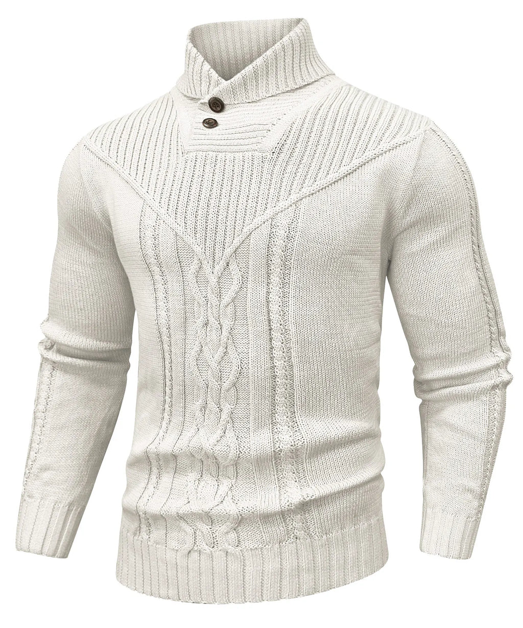 Men's Sweater Winter Shawl Collar Pullover Sweater Casual Cable Knit Button Sweaters Woolen Solid Color  Fleece Tops US Size