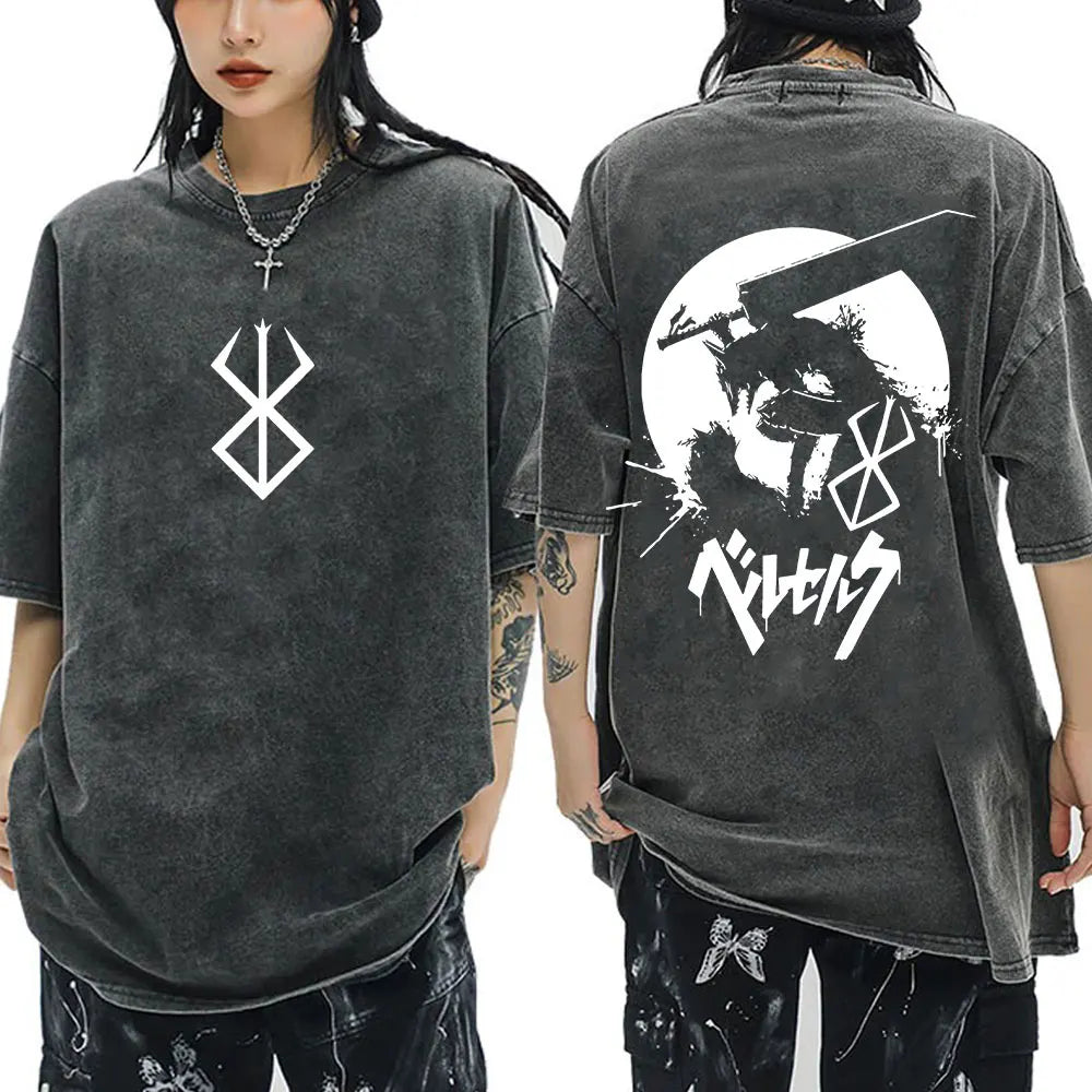 Anime Berserk Guts Vintage Washed T Shirt Manga Gatsu Griffith Zodd T-shirts Men Women Clothing Cotton Casual Oversized T-Shirt