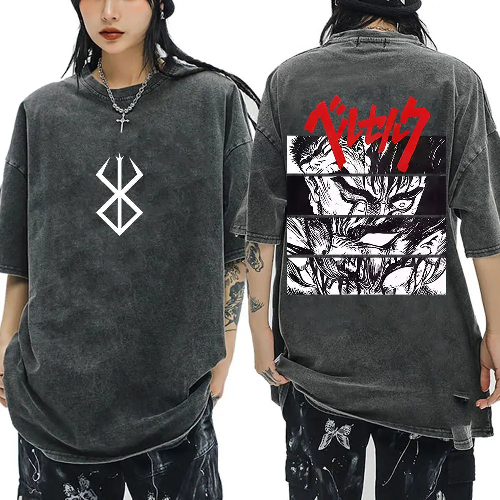 Anime Berserk Guts Vintage Washed T Shirt Manga Gatsu Griffith Zodd T-shirts Men Women Clothing Cotton Casual Oversized T-Shirt