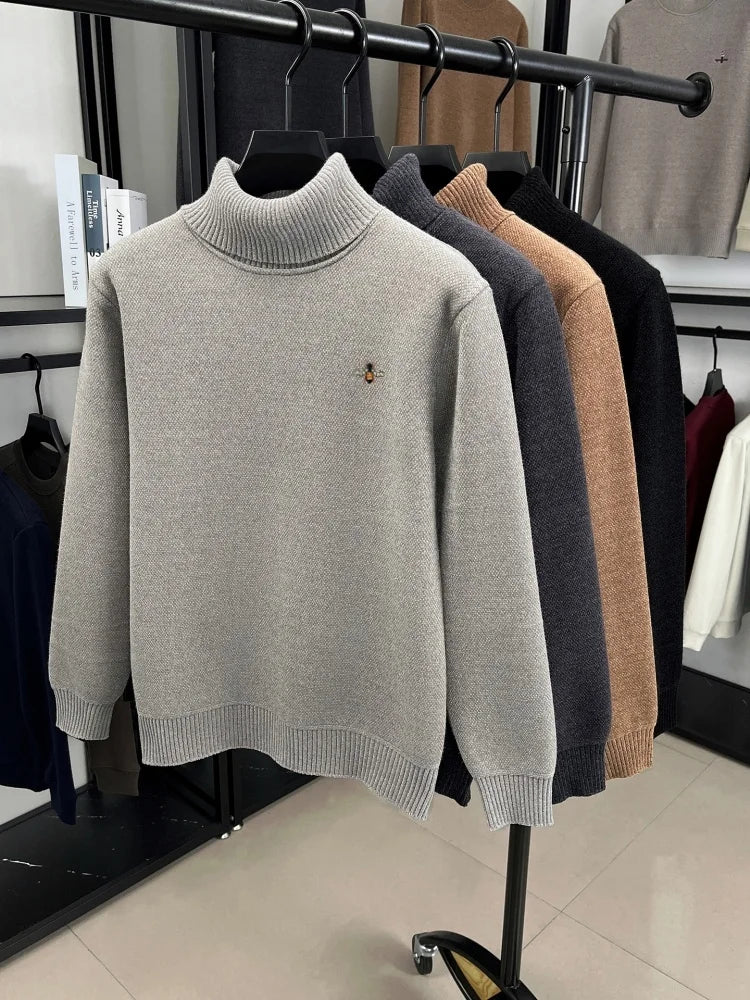 Light luxury men knitted high neck sweater new trend brand cartoon bear embroidery soft plush thicken casual versatile pullover