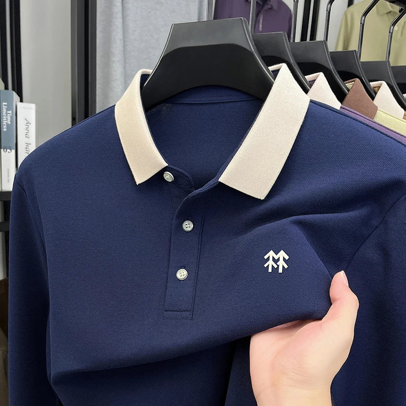 Fashion luxury brand long sleeve polo shirt men's autumn new trend badge embossed design Korean casual silk cotton lapel T-shirt