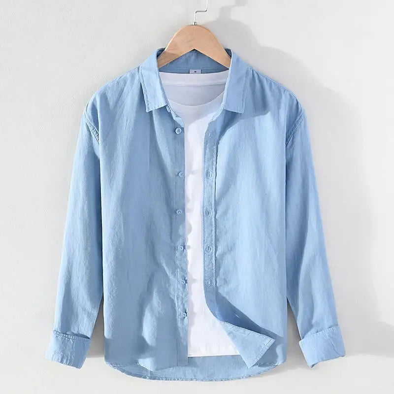 M-3XL Spring and Summer Stand Collar Plain Color Long-sleeve Vintage Men's Streetwear Single Breasted Linen Shirts