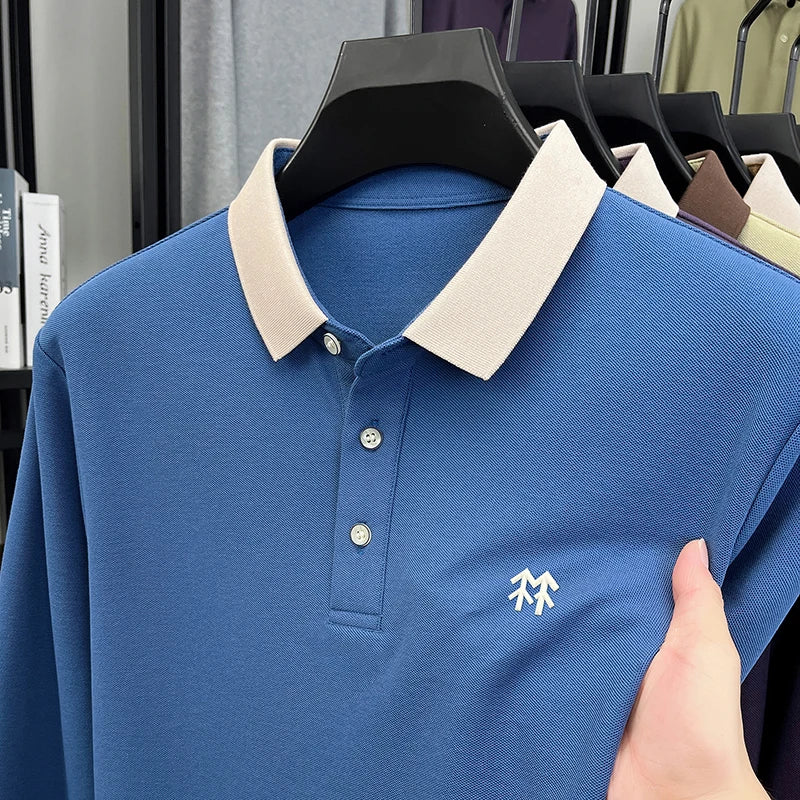Fashion luxury brand long sleeve polo shirt men's autumn new trend badge embossed design Korean casual silk cotton lapel T-shirt