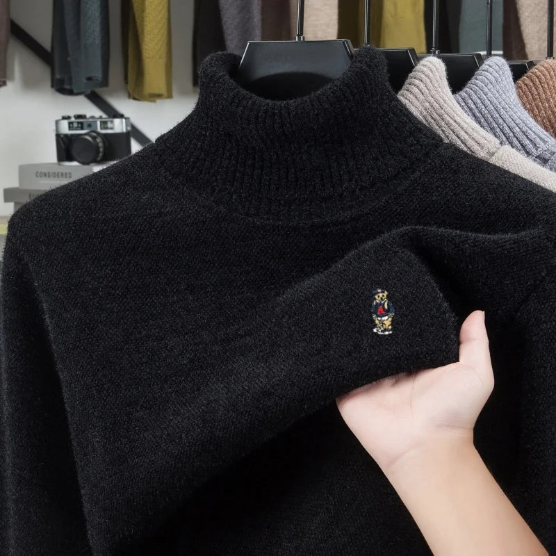 Light luxury men knitted high neck sweater new trend brand cartoon bear embroidery soft plush thicken casual versatile pullover