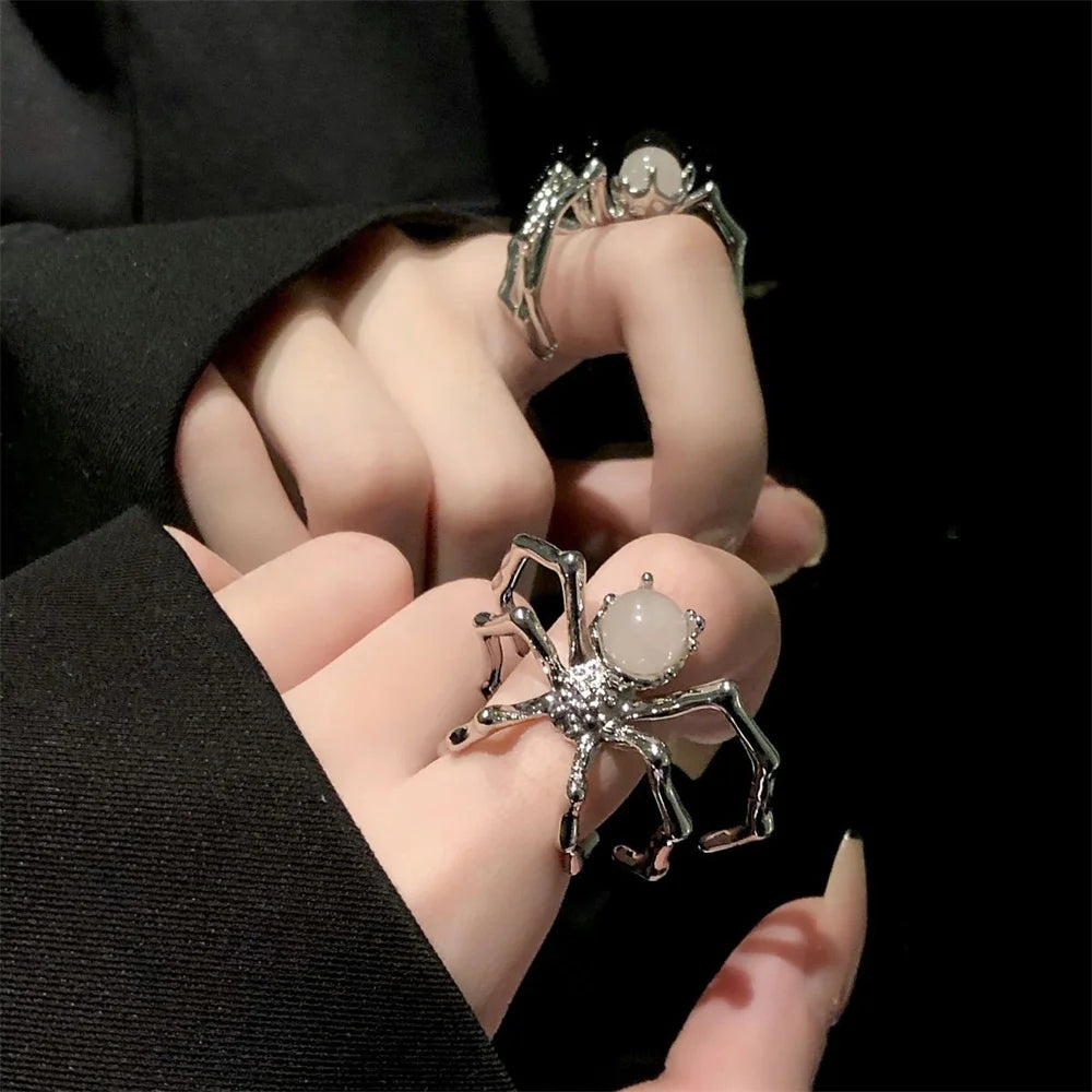 Punk Dark Spider Open Ring Retro Moonstone Black Ring For Women New Gothic Jewelry Dropshipping Wholesale Gift