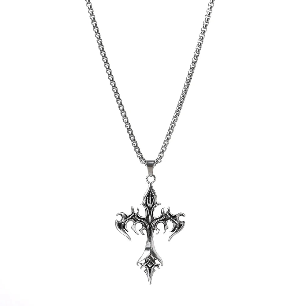 Gothic Vintage Flame Cross Pendant Necklace Harajuku Chain Choker Collar Grunge Egirl Goblincore Women Men Accessories Jewelry