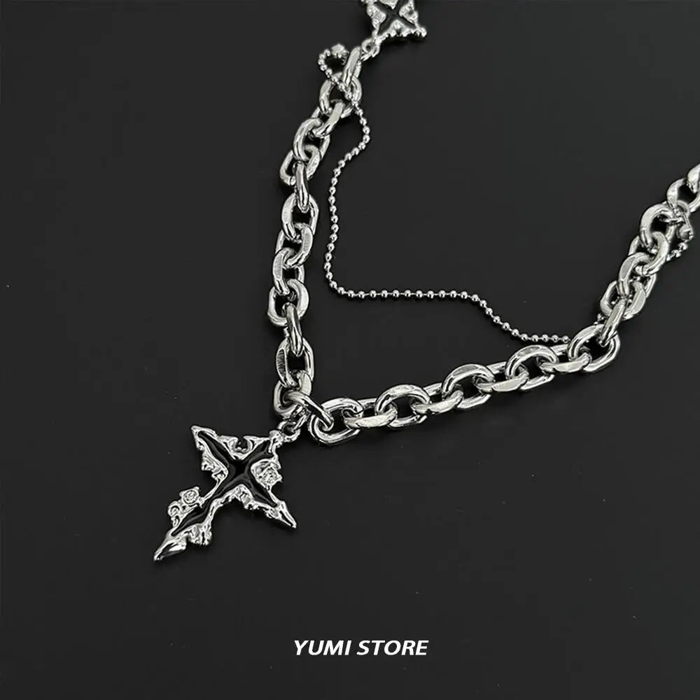 Punk Black Flame Cross Necklace For Men Women Trend Titanium Steel Chain Sweater Pendant Hip Hop Jewelry Cool Kpop Accessories