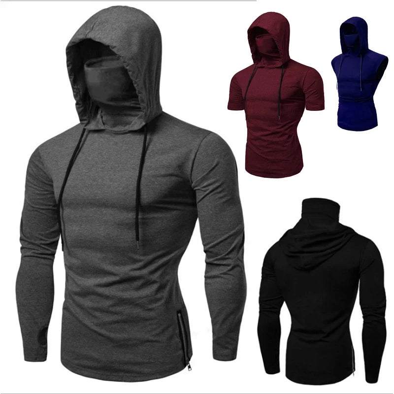 2024 New Men's Stretch Fitness Ninja Suit Men Hoodie Long Sleeve Face Mask Sports Cycling Wear Masked Hoodies Harajuku Clothing