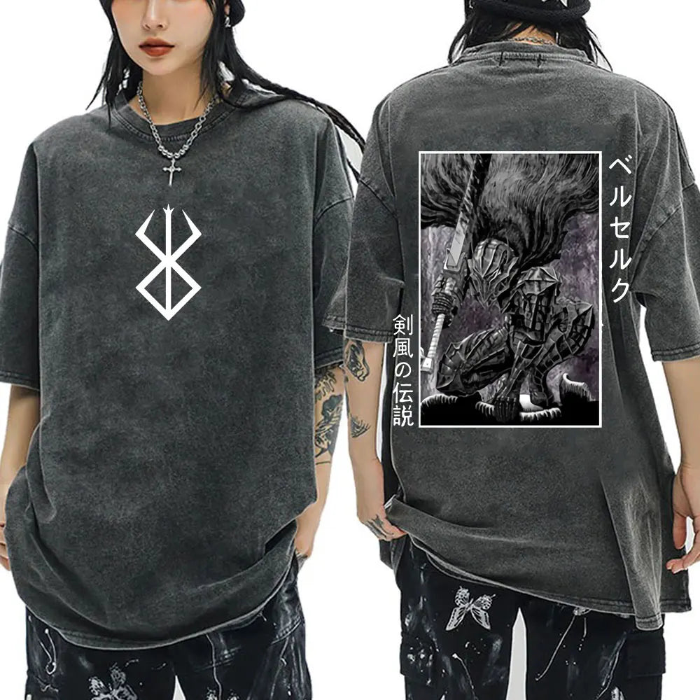 Anime Berserk Guts Vintage Washed T Shirt Manga Gatsu Griffith Zodd T-shirts Men Women Clothing Cotton Casual Oversized T-Shirt