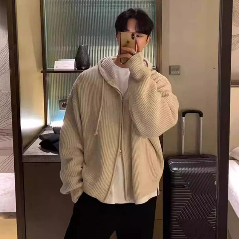 Winter Clothing Men's Light Luxury Knit Hooded Cardigan Sweater Korean Vintage Popular Zipper Long Sleeve Loose Hoodie Knitwear