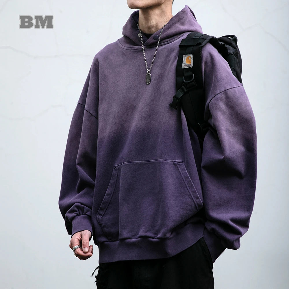 Mens Heavyweight Cotton Hoodie Oversized Streetwear Spring Autumn Garment Dyed Washed Ombre Pullover High Quality Sweatshirt