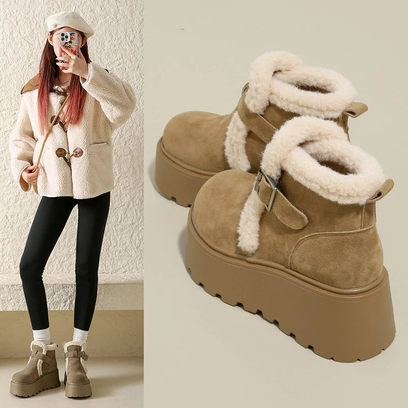Winter Women Snow Boots 5 CM Platform Buckle Design Shoes Outdoor Fashion Warm Fur Ankle Boot High Quality Casual Plush Shoes 41
