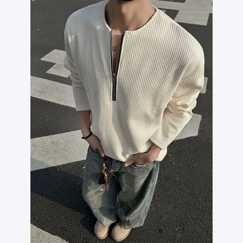 Men's Zipper Patchwork Solid Long Sleeve Trend Tops Spring Autumn Long Sleeve Loose Korean T Shirts Fashion Casual Men Clothing