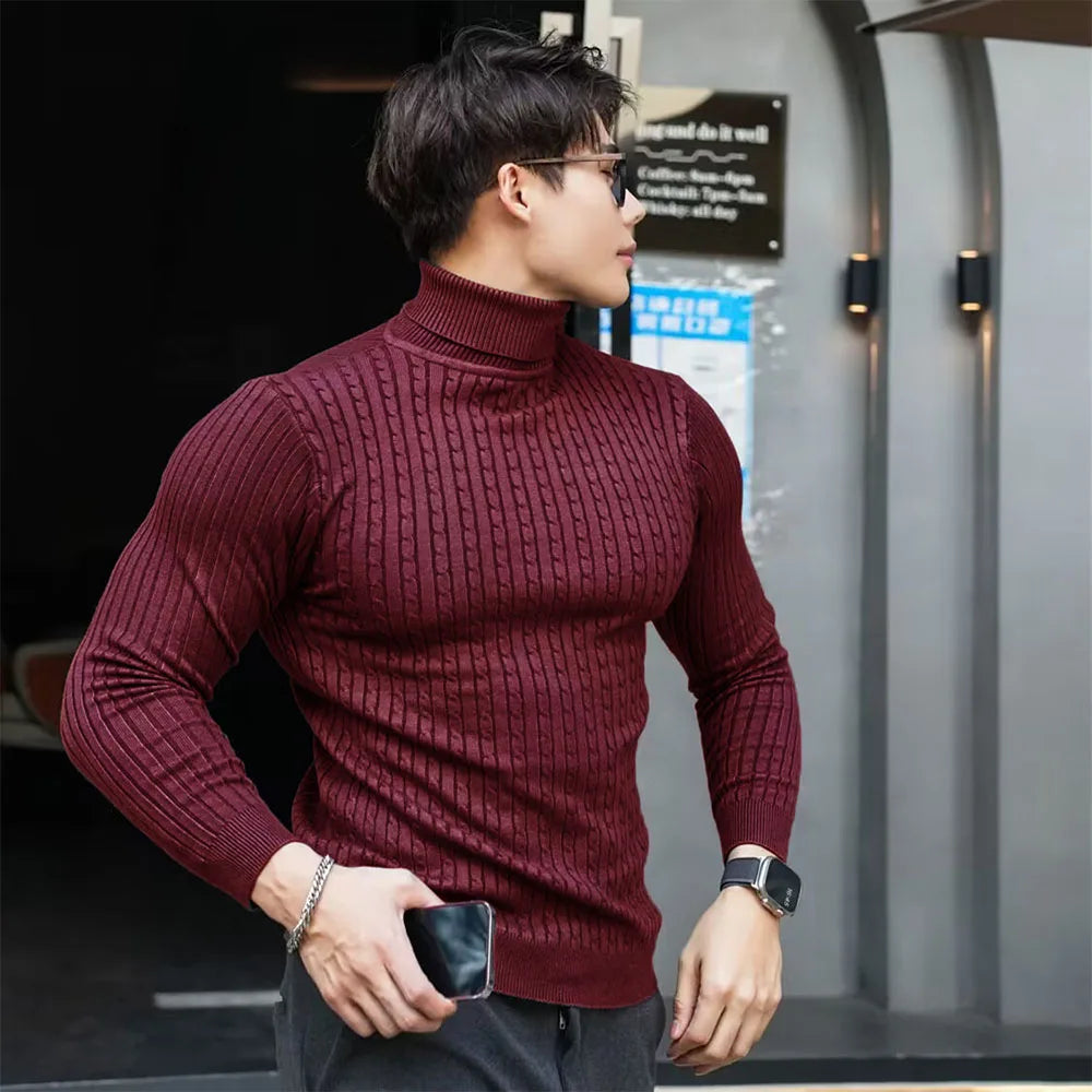 New Men's Turtleneck Sweaters Autumn Knitted Striped Streetwear Warm Long Sleeved Pullover Solid Color Basic Style Casual Tops