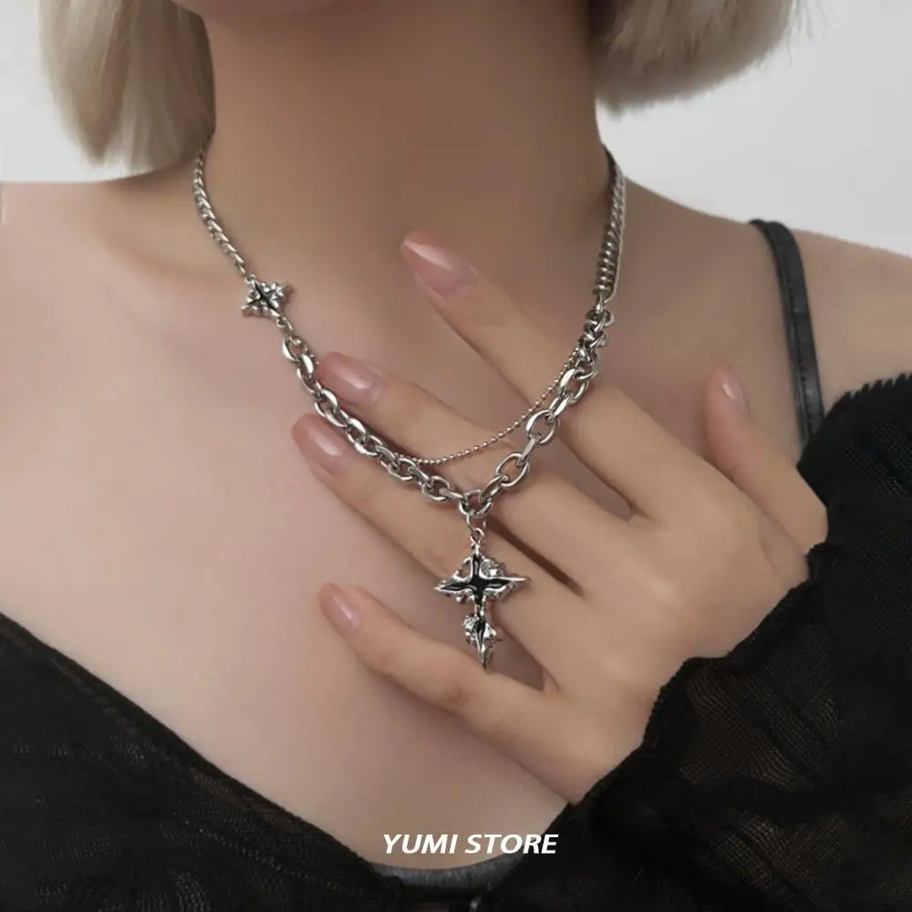 Punk Black Flame Cross Necklace For Men Women Trend Titanium Steel Chain Sweater Pendant Hip Hop Jewelry Cool Kpop Accessories