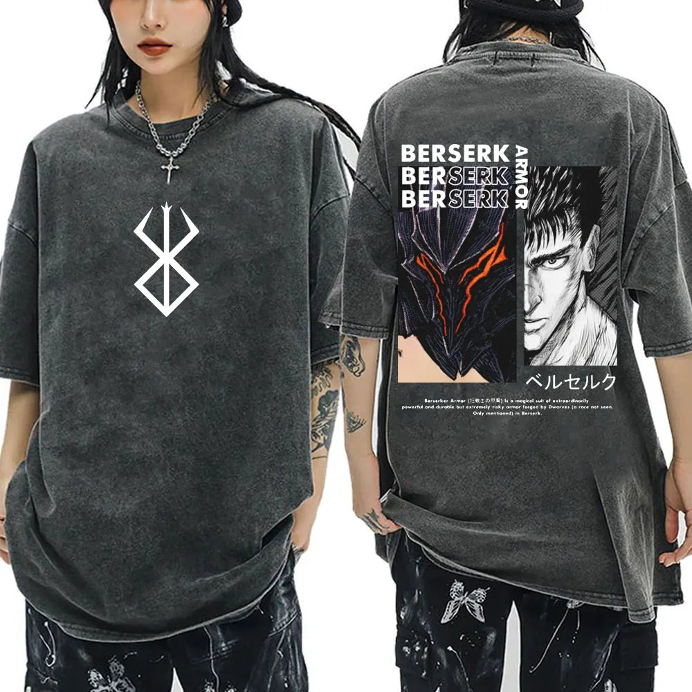 Anime Berserk Guts Vintage Washed T Shirt Manga Gatsu Griffith Zodd T-shirts Men Women Clothing Cotton Casual Oversized T-Shirt