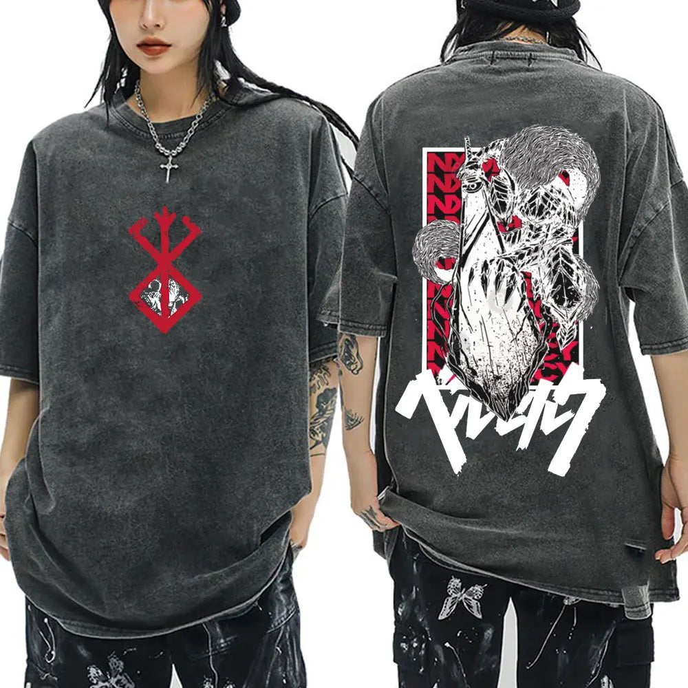 Anime Berserk Guts Vintage Washed T Shirt Manga Gatsu Griffith Zodd T-shirts Men Women Clothing Cotton Casual Oversized T-Shirt
