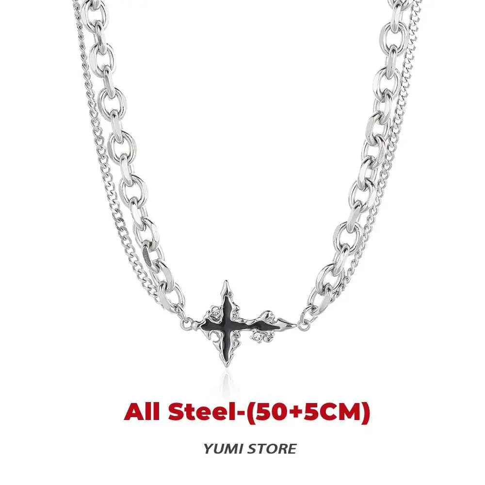 Punk Black Flame Cross Necklace For Men Women Trend Titanium Steel Chain Sweater Pendant Hip Hop Jewelry Cool Kpop Accessories