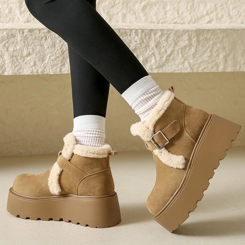 Winter Women Snow Boots 5 CM Platform Buckle Design Shoes Outdoor Fashion Warm Fur Ankle Boot High Quality Casual Plush Shoes 41