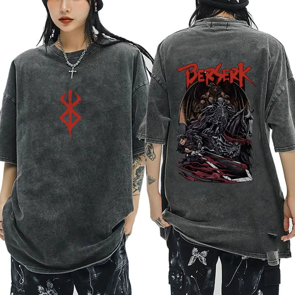 Anime Berserk Guts Vintage Washed T Shirt Manga Gatsu Griffith Zodd T-shirts Men Women Clothing Cotton Casual Oversized T-Shirt